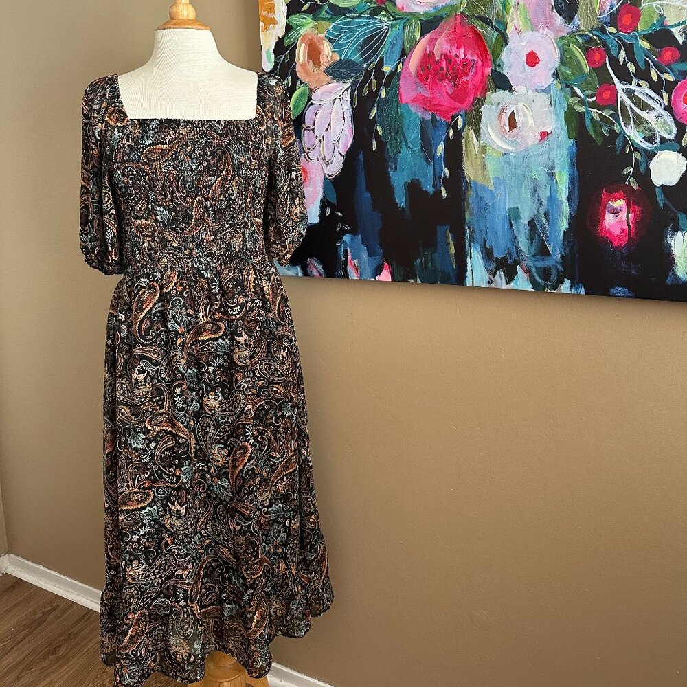 52seven Paisley Boho Midi Dress Smocked Bodice, Square Neck Size 10